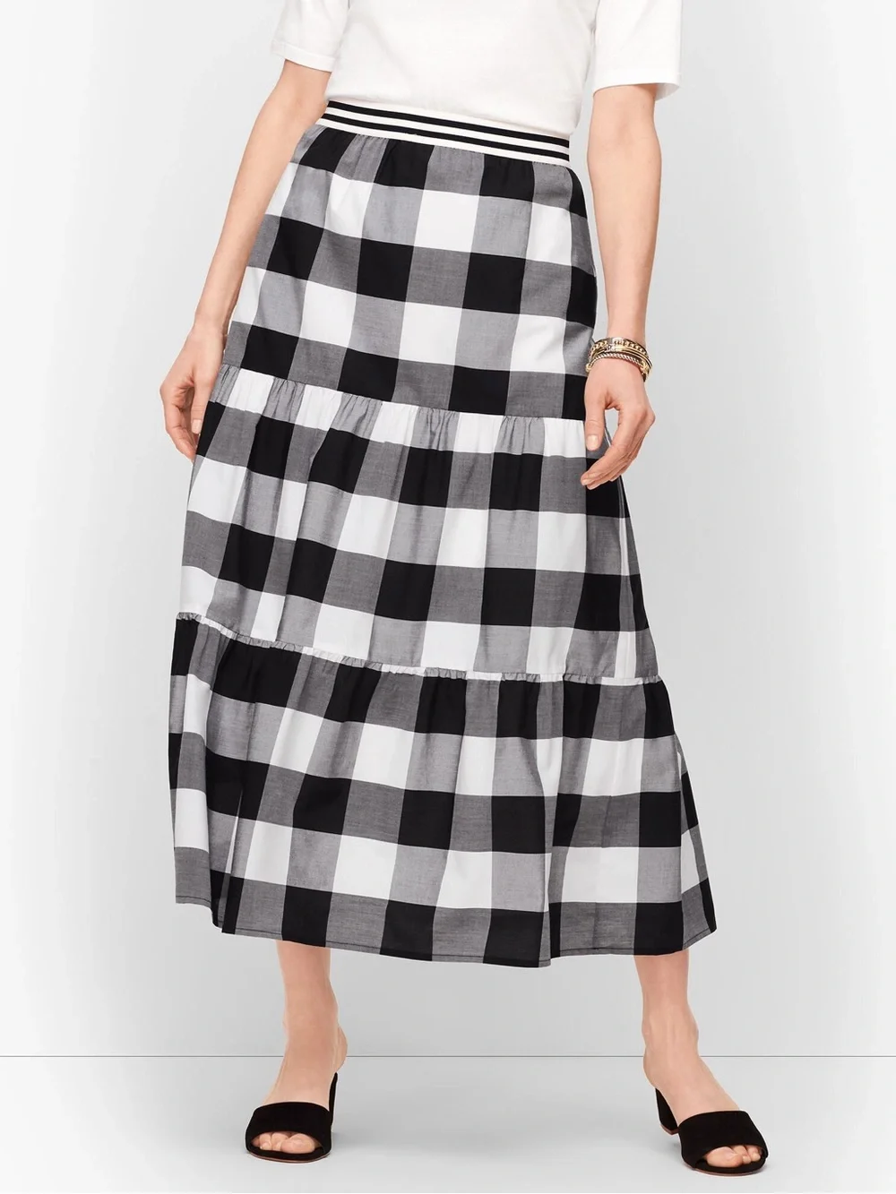 Talbots Petite Buffalo Check Tiered Midi Skirt 100% Cotton Cottagecore - Picture 2 of 6